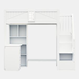Cama alta em madeira maciça 90 x 200 cm - grade de segurança com janela, armários, secretária, gavetas e escada lateral intercambiável - branco
