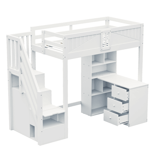 Cama alta em madeira maciça 90 x 200 cm - grade de segurança com janela, armários, secretária, gavetas e escada lateral intercambiável - branco