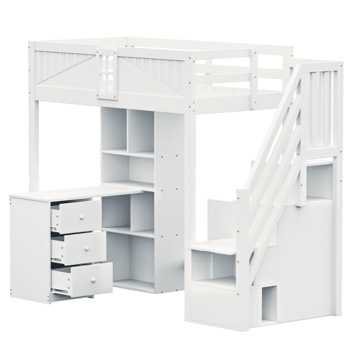 Cama alta em madeira maciça 90 x 200 cm - grade de segurança com janela, armários, secretária, gavetas e escada lateral intercambiável - branco