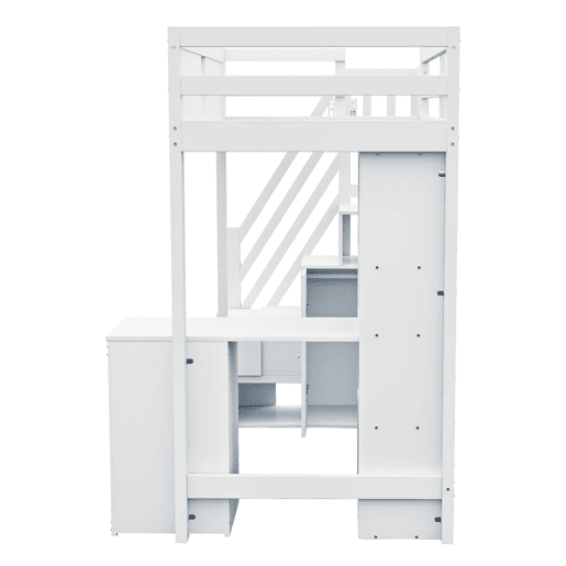 Cama alta em madeira maciça 90 x 200 cm - grade de segurança com janela, armários, secretária, gavetas e escada lateral intercambiável - branco