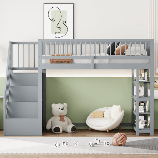 Cama alta em madeira maciça 90x200 cm - design de segurança com grade alta, armário, prateleiras e espaço de armazenamento com escada segura - cinza