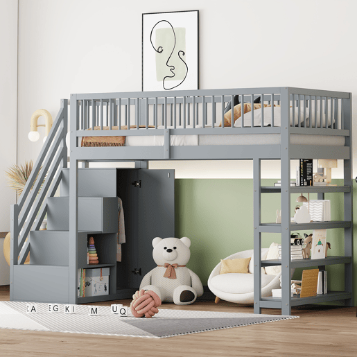 Cama alta em madeira maciça 90x200 cm - design de segurança com grade alta, armário, prateleiras e espaço de armazenamento com escada segura - cinza