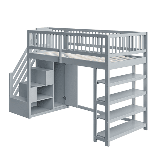 Cama alta em madeira maciça 90x200 cm - design de segurança com grade alta, armário, prateleiras e espaço de armazenamento com escada segura - cinza