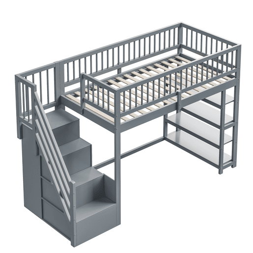 Cama alta em madeira maciça 90x200 cm - design de segurança com grade alta, armário, prateleiras e espaço de armazenamento com escada segura - cinza