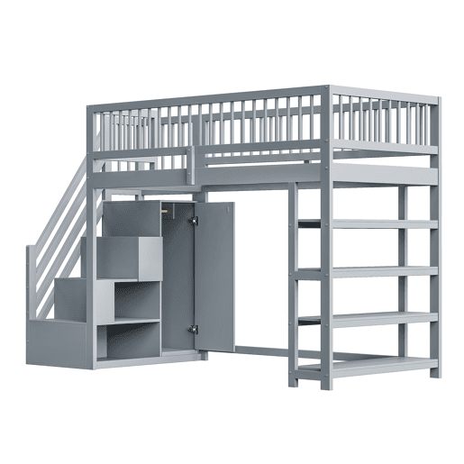 Cama alta em madeira maciça 90x200 cm - design de segurança com grade alta, armário, prateleiras e espaço de armazenamento com escada segura - cinza