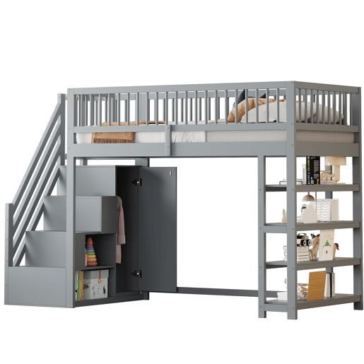 Cama alta em madeira maciça 90x200 cm - design de segurança com grade alta, armário, prateleiras e espaço de armazenamento com escada segura - cinza