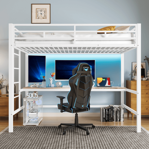 Cama alta 90*200 cm - Com grade, escada, mesa com USB e tomada, faixa de luz com controle por app, com LED, em conformidade com a norma EN747 - Branca Cama alta 90*200 cm - Com grade, escada, mesa com USB e tomada, faixa de luz com controle por app, com LED, em conformidade com a norma EN747 - Branca