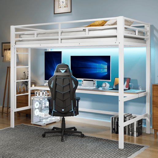 Cama alta 90*200 cm - Com grade, escada, mesa com USB e tomada, faixa de luz com controle por app, com LED, em conformidade com a norma EN747 - Branca Cama alta 90*200 cm - Com grade, escada, mesa com USB e tomada, faixa de luz com controle por app, com LED, em conformidade com a norma EN747 - Branca