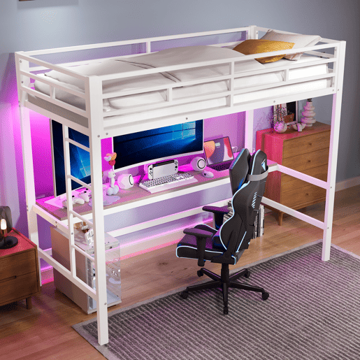 Cama alta 90*200 cm - Com grade, escada, mesa com USB e tomada, faixa de luz com controle por app, com LED, em conformidade com a norma EN747 - Branca Cama alta 90*200 cm - Com grade, escada, mesa com USB e tomada, faixa de luz com controle por app, com LED, em conformidade com a norma EN747 - Branca