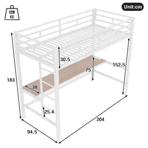 Cama alta 90*200 cm - Com grade, escada, mesa com USB e tomada, faixa de luz com controle por app, com LED, em conformidade com a norma EN747 - Branca Cama alta 90*200 cm - Com grade, escada, mesa com USB e tomada, faixa de luz com controle por app, com LED, em conformidade com a norma EN747 - Branca