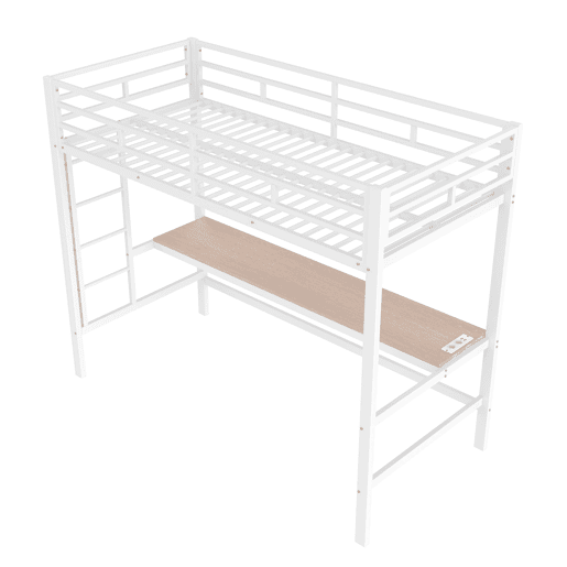 Cama alta 90*200 cm - Com grade, escada, mesa com USB e tomada, faixa de luz com controle por app, com LED, em conformidade com a norma EN747 - Branca Cama alta 90*200 cm - Com grade, escada, mesa com USB e tomada, faixa de luz com controle por app, com LED, em conformidade com a norma EN747 - Branca