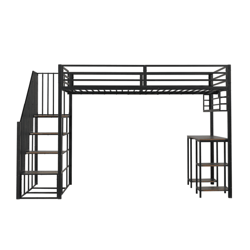 Cama loft 120x200 cm - Com escada, secretária e prateleira de arrumação - Preto + Nogueira escura