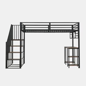 Cama loft 120x200 cm - Com escada, secretária e prateleira de arrumação - Preto + Nogueira escura