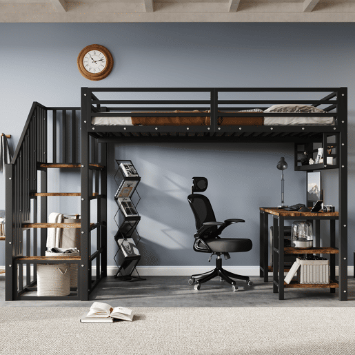 Cama loft 120x200 cm - Com escada, secretária e prateleira de arrumação - Preto + Nogueira escura
