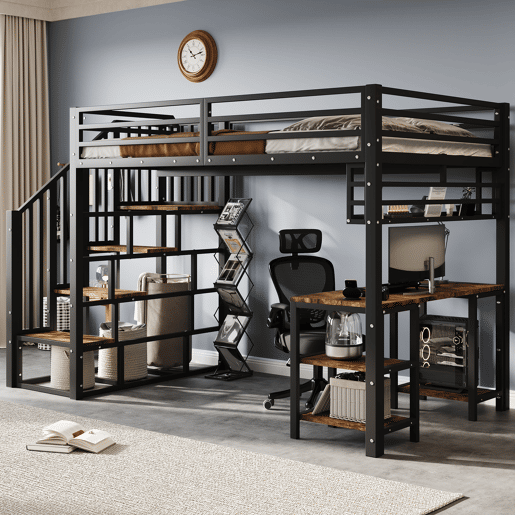 Cama loft 120x200 cm - Com escada, secretária e prateleira de arrumação - Preto + Nogueira escura