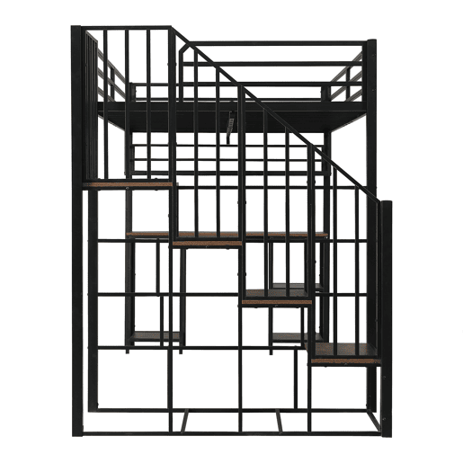 Cama loft 120x200 cm - Com escada, secretária e prateleira de arrumação - Preto + Nogueira escura