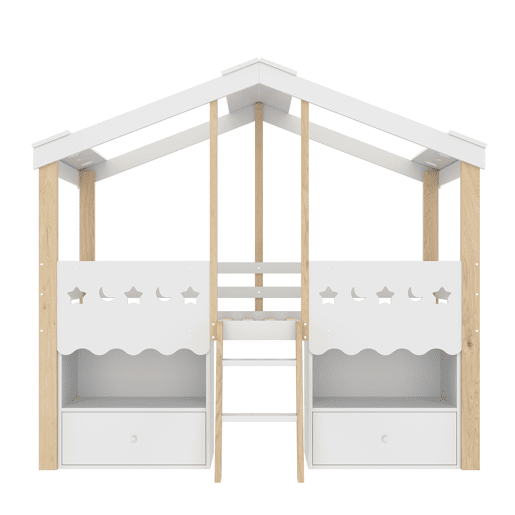 Cama semi-alta 90x200 cm - Casa, 2 gavetas, luz LED, sem colchão - Branco + Natural Cama semi-alta 90x200 cm - Casa, 2 gavetas, luz LED, sem colchão - Branco + Natural