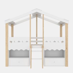 Cama semi-alta 90x200 cm - Casa, 2 gavetas, luz LED, sem colchão - Branco + Natural