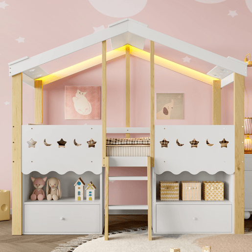Cama semi-alta 90x200 cm - Casa, 2 gavetas, luz LED, sem colchão - Branco + Natural Cama semi-alta 90x200 cm - Casa, 2 gavetas, luz LED, sem colchão - Branco + Natural