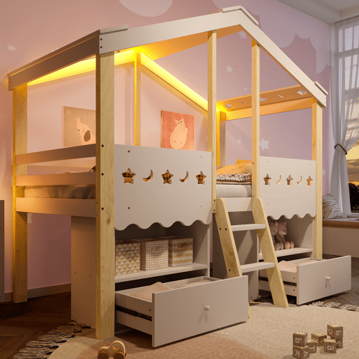 Cama semi-alta 90x200 cm - Casa, 2 gavetas, luz LED, sem colchão - Branco + Natural Cama semi-alta 90x200 cm - Casa, 2 gavetas, luz LED, sem colchão - Branco + Natural
