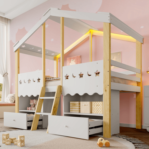 Cama semi-alta 90x200 cm - Casa, 2 gavetas, luz LED, sem colchão - Branco + Natural Cama semi-alta 90x200 cm - Casa, 2 gavetas, luz LED, sem colchão - Branco + Natural