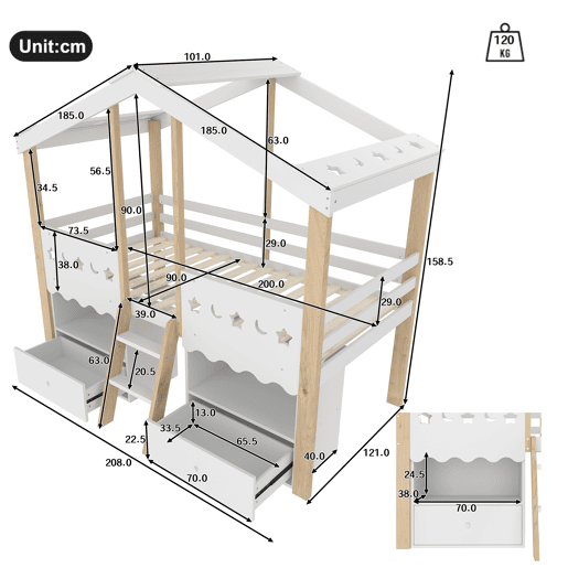 Cama semi-alta 90x200 cm - Casa, 2 gavetas, luz LED, sem colchão - Branco + Natural Cama semi-alta 90x200 cm - Casa, 2 gavetas, luz LED, sem colchão - Branco + Natural