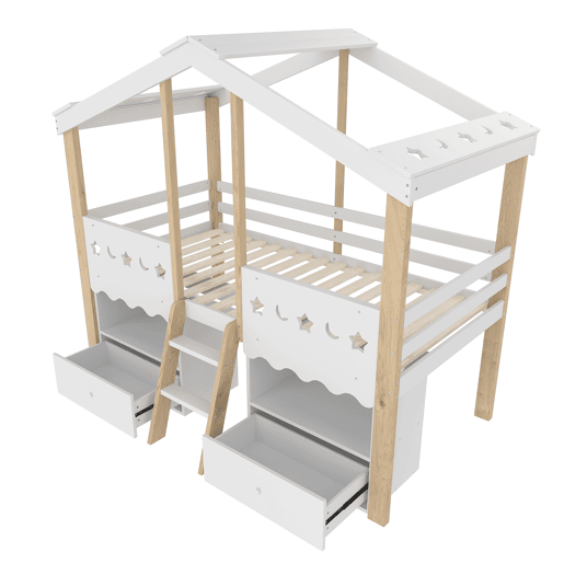 Cama semi-alta 90x200 cm - Casa, 2 gavetas, luz LED, sem colchão - Branco + Natural Cama semi-alta 90x200 cm - Casa, 2 gavetas, luz LED, sem colchão - Branco + Natural