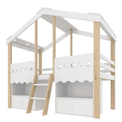 Cama semi-alta 90x200 cm - Casa, 2 gavetas, luz LED, sem colchão - Branco + Natural Cama semi-alta 90x200 cm - Casa, 2 gavetas, luz LED, sem colchão - Branco + Natural