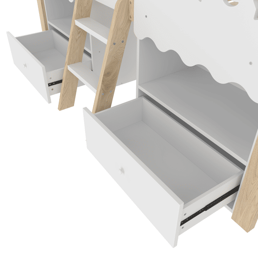 Cama semi-alta 90x200 cm - Casa, 2 gavetas, luz LED, sem colchão - Branco + Natural Cama semi-alta 90x200 cm - Casa, 2 gavetas, luz LED, sem colchão - Branco + Natural