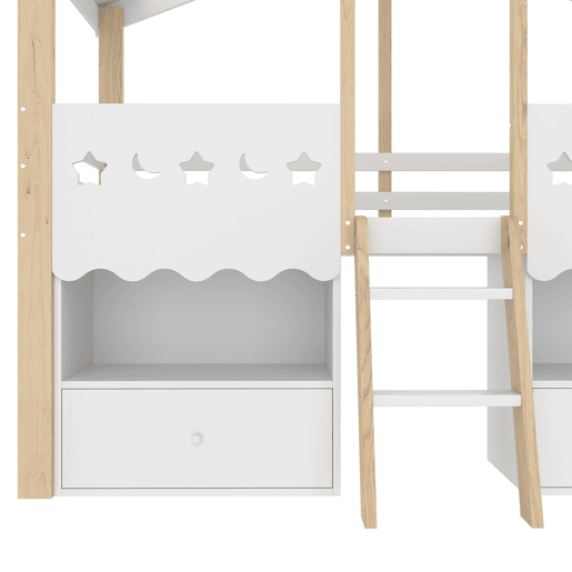 Cama semi-alta 90x200 cm - Casa, 2 gavetas, luz LED, sem colchão - Branco + Natural Cama semi-alta 90x200 cm - Casa, 2 gavetas, luz LED, sem colchão - Branco + Natural