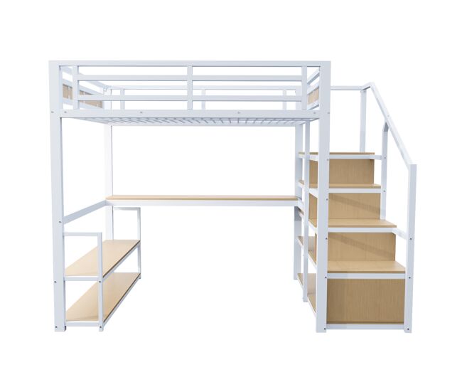 Cama alta 140x200 cm - cama metálica con escalera de almacenamiento, estantes y mesa, diseño de valla de seguridad con listones de metal, estructura