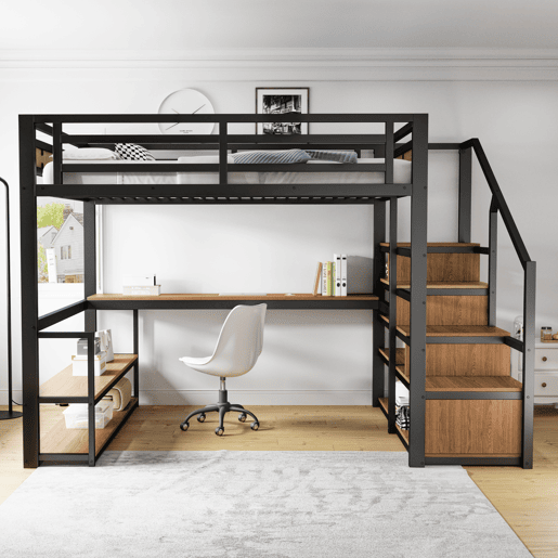 Cama alta de metal 140x200 - Cama com escada de arrumação, prateleiras e mesa, design com grades de segurança e painéis de metal, estrutura metálica para suporte estável - Preto