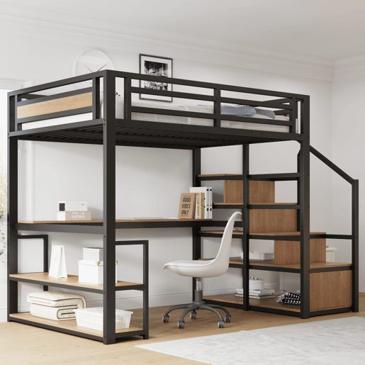 Cama alta de metal 140x200 - Cama com escada de arrumação, prateleiras e mesa, design com grades de segurança e painéis de metal, estrutura metálica para suporte estável - Preto