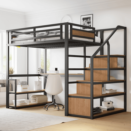 Cama alta de metal 140x200 - Cama com escada de arrumação, prateleiras e mesa, design com grades de segurança e painéis de metal, estrutura metálica para suporte estável - Preto