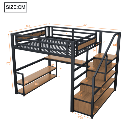 Cama alta de metal 140x200 - Cama com escada de arrumação, prateleiras e mesa, design com grades de segurança e painéis de metal, estrutura metálica para suporte estável - Preto