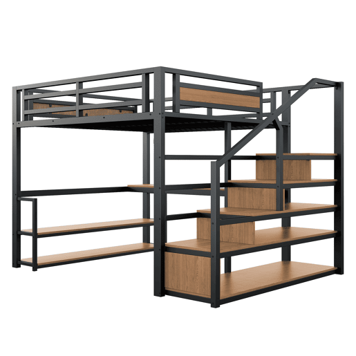 Cama alta de metal 140x200 - Cama com escada de arrumação, prateleiras e mesa, design com grades de segurança e painéis de metal, estrutura metálica para suporte estável - Preto