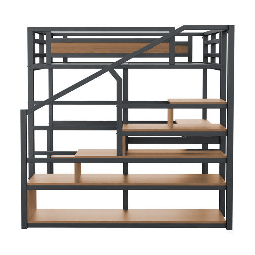 Cama alta de metal 140x200 - Cama com escada de arrumação, prateleiras e mesa, design com grades de segurança e painéis de metal, estrutura metálica para suporte estável - Preto