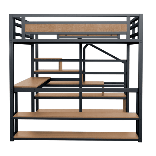 Cama alta de metal 140x200 - Cama com escada de arrumação, prateleiras e mesa, design com grades de segurança e painéis de metal, estrutura metálica para suporte estável - Preto