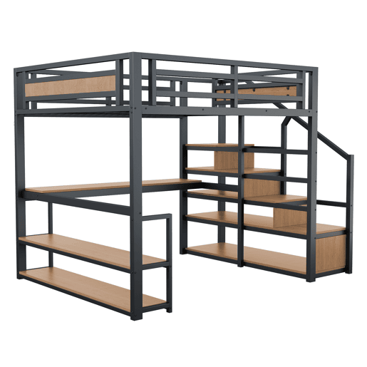 Cama alta de metal 140x200 - Cama com escada de arrumação, prateleiras e mesa, design com grades de segurança e painéis de metal, estrutura metálica para suporte estável - Preto