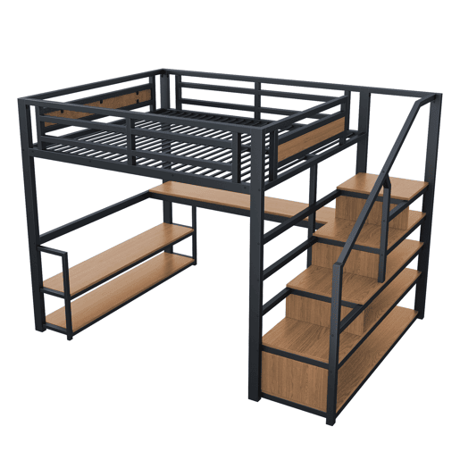 Cama alta de metal 140x200 - Cama com escada de arrumação, prateleiras e mesa, design com grades de segurança e painéis de metal, estrutura metálica para suporte estável - Preto