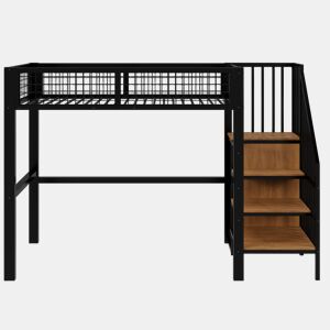 Cama alta 90*200 - Com escada, cama infantil com estrutura de ferro e prateleira de arrumação - Preto