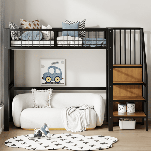 Cama alta 90*200 - Com escada, cama infantil com estrutura de ferro e prateleira de arrumação - Preto