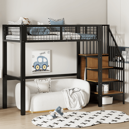 Cama alta 90*200 - Com escada, cama infantil com estrutura de ferro e prateleira de arrumação - Preto