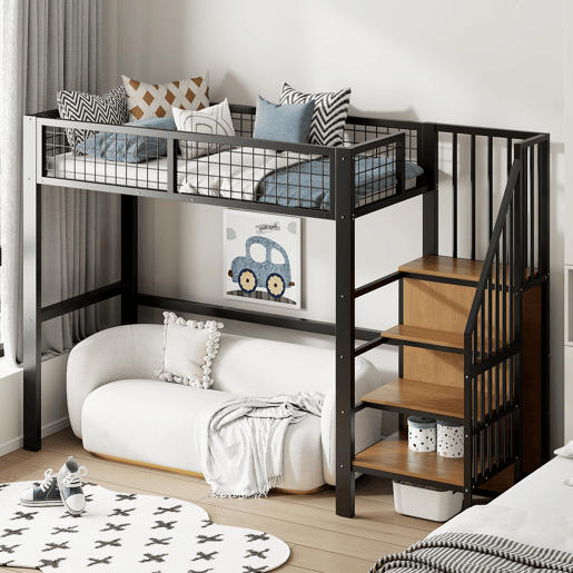 Cama alta 90*200 - Com escada, cama infantil com estrutura de ferro e prateleira de arrumação - Preto