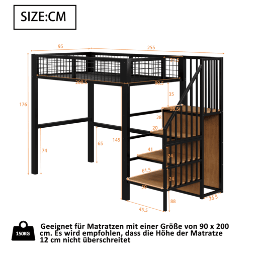 Cama alta 90*200 - Com escada, cama infantil com estrutura de ferro e prateleira de arrumação - Preto