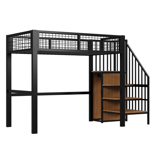Cama alta 90*200 - Com escada, cama infantil com estrutura de ferro e prateleira de arrumação - Preto