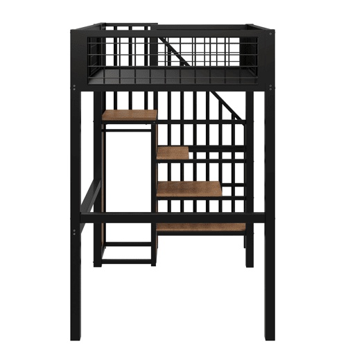 Cama alta 90*200 - Com escada, cama infantil com estrutura de ferro e prateleira de arrumação - Preto
