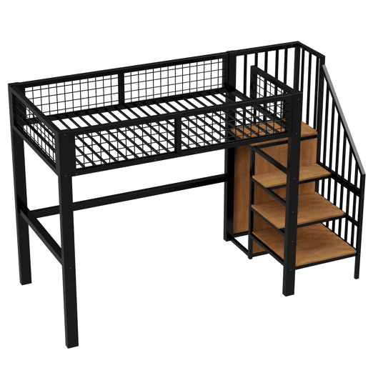 Cama alta 90*200 - Com escada, cama infantil com estrutura de ferro e prateleira de arrumação - Preto