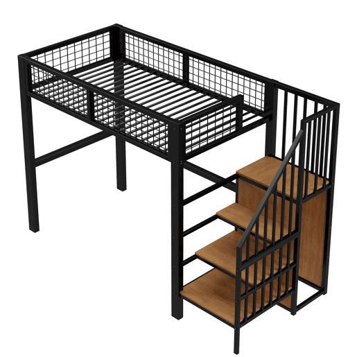 Cama alta 90*200 - Com escada, cama infantil com estrutura de ferro e prateleira de arrumação - Preto