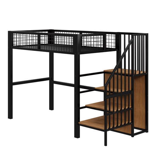 Cama alta 90*200 - Com escada, cama infantil com estrutura de ferro e prateleira de arrumação - Preto